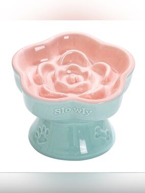 Raised Ceramic Flower Slow Feeder Pet Bowl - Pink & Mint